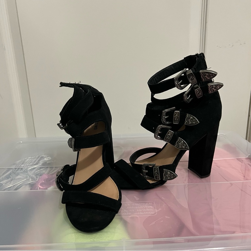 Boho Black Strappy Heels with Buckles